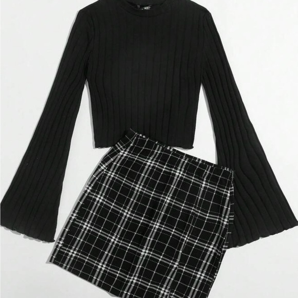 NWOT Black Ribbed Top and Plaid Skirt Set Size M - Picture 3 of 5